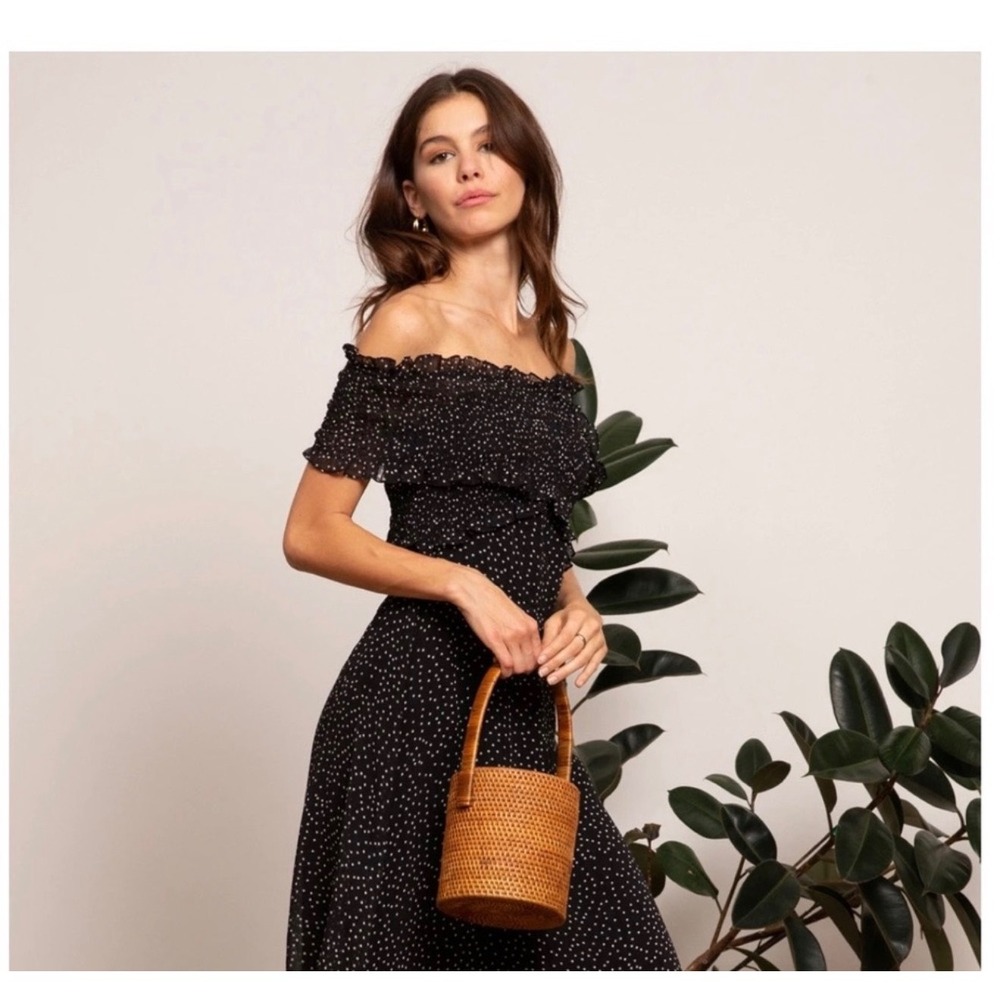 Lucy Paris Maxi Chiffon Dress S Black Polka Dot Ruffle Smocked Boho Chic V-Neck